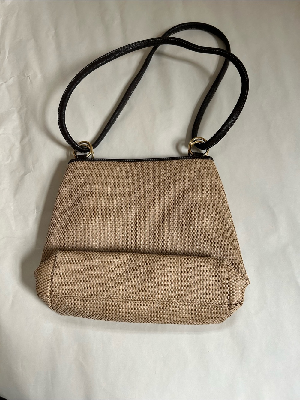 Charter Club Beige Canvas Shoulder Bag with Dark Brown Strap